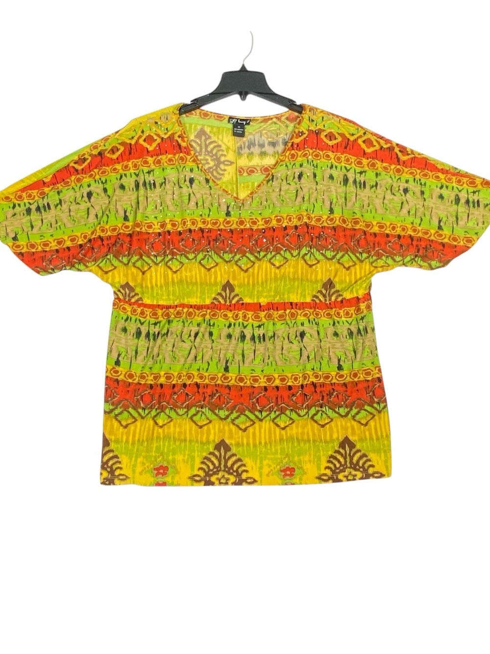 Loving It Boho Tunic Blouse Women's 3X Geometric Short Sleeve V-Neck Rhinestone